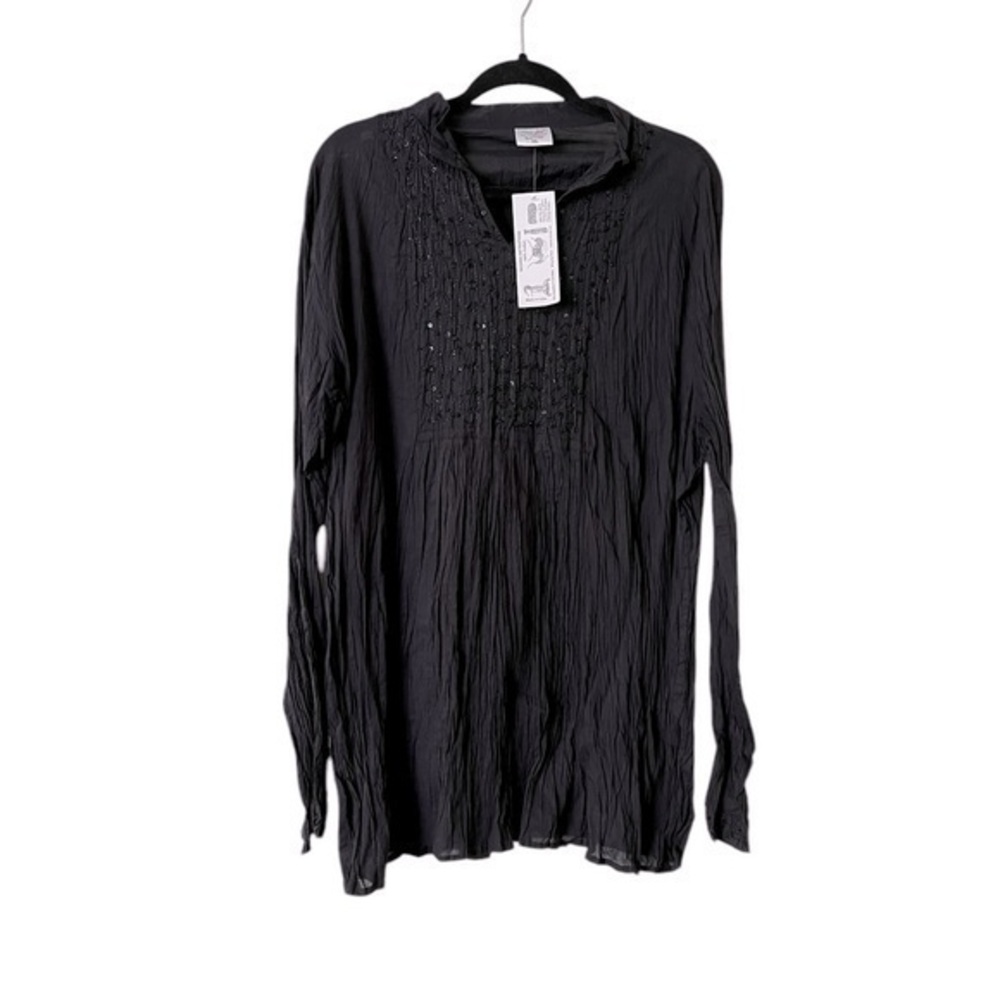 NWT Greater Good Indian black crinkle cotton gauze sequin trimmed L/S blouse